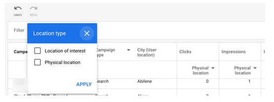 Φωτογραφεία  με την καρτέλα Reports των google ads που συμπεριλαμβάνει  τη στήλη που επιλέγεις τα Location type